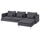 Dark grey modern sectional sofa with metal legs, featuring multiple cushions for comfort.