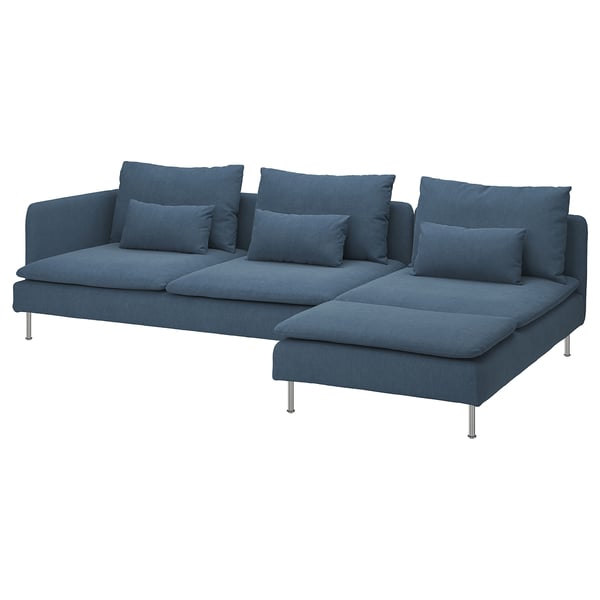 SÖDERHAMN blue sectional sofa with chrome legs, deep seats, and removable cushions.