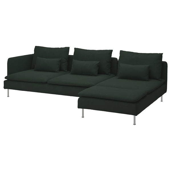 Dark green, modern sectional couch with adjustable back cushions, streamlined legs, and sleek design, perfect for relaxation.