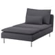 Modern grey SÖDERHAMN chaise lounge with sleek lines, removable, washable recycled polyester cover, two back cushions, and metal legs.