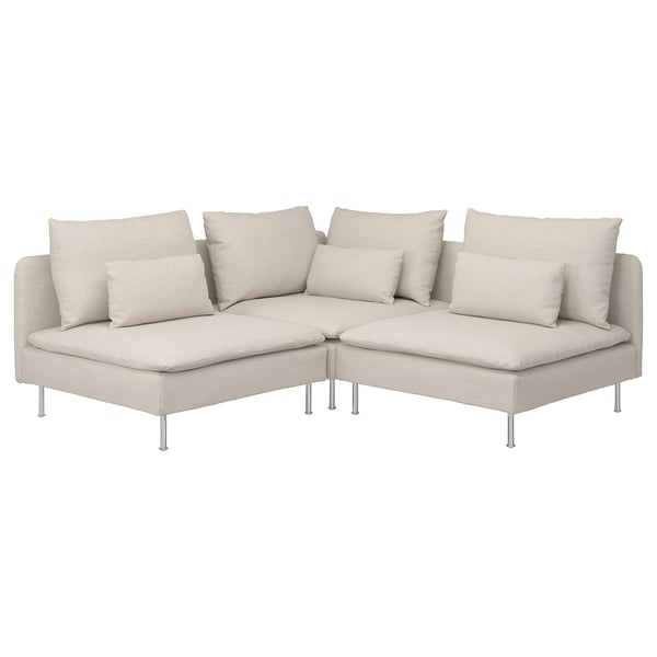 Modern beige sectional sofa with 8 cushions and metal legs. Deep seats, low back, and sleek lines. Perfect for comfortable lounging.