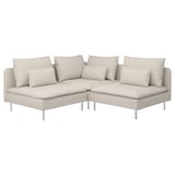 Modern beige sectional sofa with 8 cushions and metal legs. Deep seats, low back, and sleek lines. Perfect for comfortable lounging.