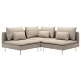 Modern grey l-shaped sofa with deep seats, eight cushions, sleek metal legs, and a clean, minimalist design.