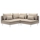 Modern grey l-shaped sofa with deep seats, eight cushions, sleek metal legs, and a clean, minimalist design.
