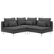 Image shows dark grey SÖDERHAMN l-shaped sofa with deep seats, eight pillows, slim legs, and clean lines.