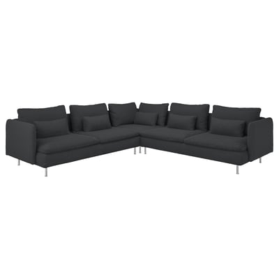 Dark gray l-shaped section sofa with 8 cushions, sleek metal legs, plush upholstery.