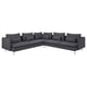 Dark gray, l-shaped sectional sofa with metal legs, plush cushions, and modern design.