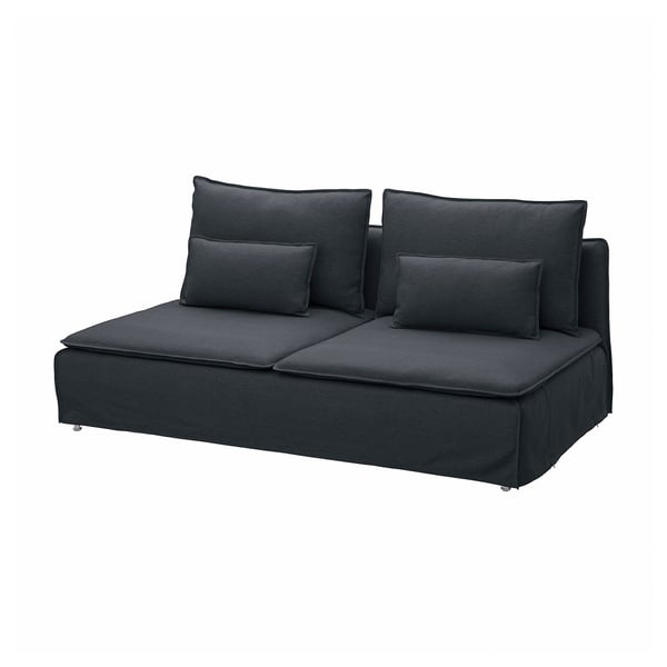 Black modern l-shaped sofa with two seat cushions, soft fabric cover, clean minimalist design.