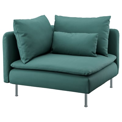 The SÖDERHAMN armchair is green, soft, and modern. It has metal legs and a cozy design.