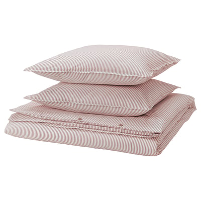 Stack of red striped bed linens: two pillows, flat sheet, and fitted sheet. Made from recycled cotton.
