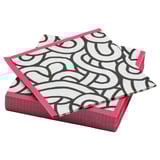 Two pink-edged white napkins with black abstract patterns neatly stacked.