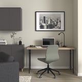 Modern home office with SPÄND table, gray chair, minimal decor, and cityscape art.