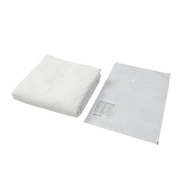 Two white vacuum storage bags, one folded and one open, demonstrating a storage solution to reduce space.