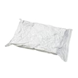 Clear vacuum-sealed bag with zip slider, storing clothes flat and compact.