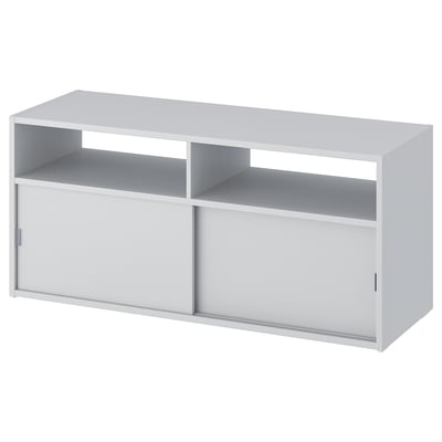 A white SPIKSMED tv bench. It both open and closed storage with sliding doors for a sleek design.