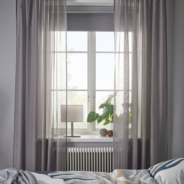 STENFRÖ Sheer curtains, 1 pair, grey/with heading tape, 145x300 cm