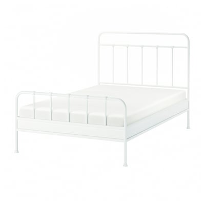 White STJÄRNÖ metal bed frame with curved headboard and footboard.