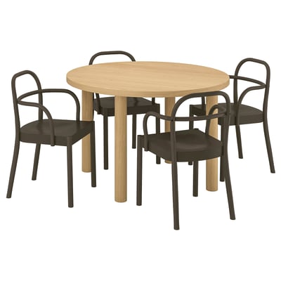 Round oak dining set with 4 chairs, modern scandinavian design.