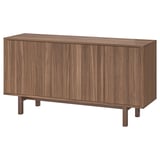 Dark wood modern cabinet; rectangular, four doors; sleek, handle-less design.