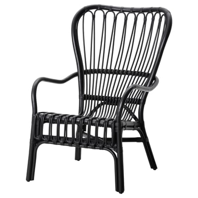 STORSELE: black rattan wicker chair, curved back & armrests, handcrafted.