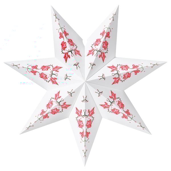 STRÅLA lamp, white with red floral design, star shape, paperboard and metal.