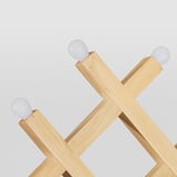 A modern, golden-colored wooden lamp with two white globes, exuding warmth and elegance, perfect for any decor.