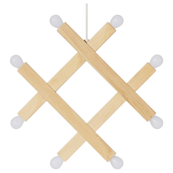 STRÅLA pendant lamp in natural pine wood with white led bulbs, circular design.