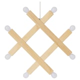 STRÅLA pendant lamp in natural pine wood with white led bulbs, circular design.