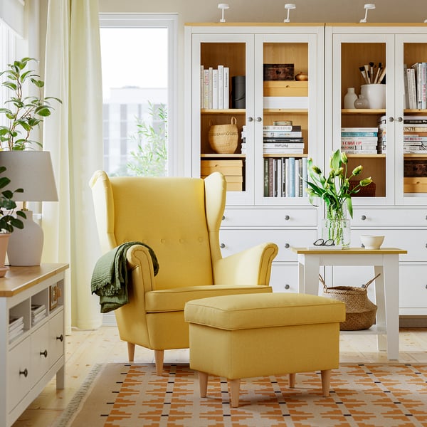 STRANDMON Wing chair with footstool, Tibbleby yellow