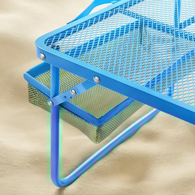 Blue mesh outdoor table, stylish & functional with airy design, folds for easy use.