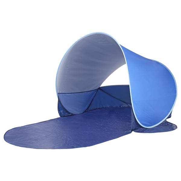 Blue STRANDÖN pop-up sun shelter, curved design with mesh and pockets.
