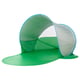 Option: Green and blue beach tent with mesh sides, silver top for sun protection, collapses into a bag for easy transport.