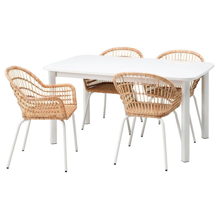 STRANDTORP / NILSOVE table and 4 chairs, white/rattan white, 150/205