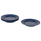 Four blue stoneware plates in two stacks, rimmed with a textured design, perfect for casual dining.