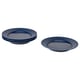 Four blue stoneware plates in two stacks, rimmed with a textured design, perfect for casual dining.