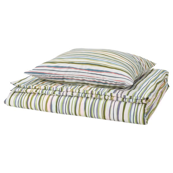 SUMPGRÖE duvet set, multicolored stripes, polyester/viscose blend, rectangular, wrinkle-free.