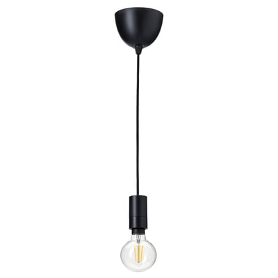 A black SUNNEBY pendant lamp with a visible filament bulb. Made from plastic, it hangs straight down, emitting a decorative light.