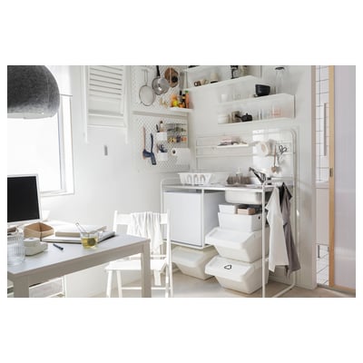 SUNNERSTA mini-kitchen: white metal frame, stainless sink, single tap, adjustable feet.