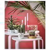 White SVALSTA circular nest tables with plants & decor against red wall.