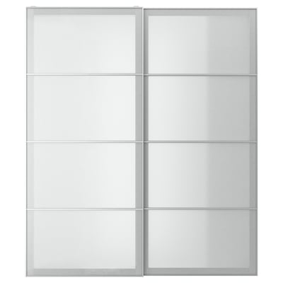 A modern, silver-framed, glass wardrobe with sliding doors. The doors have frosted glass panels and a sleek, streamlined design.