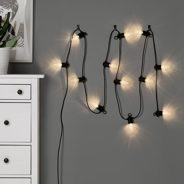 SVARTRÅ LED lighting chain with 12 lights, black/outdoor IKEA