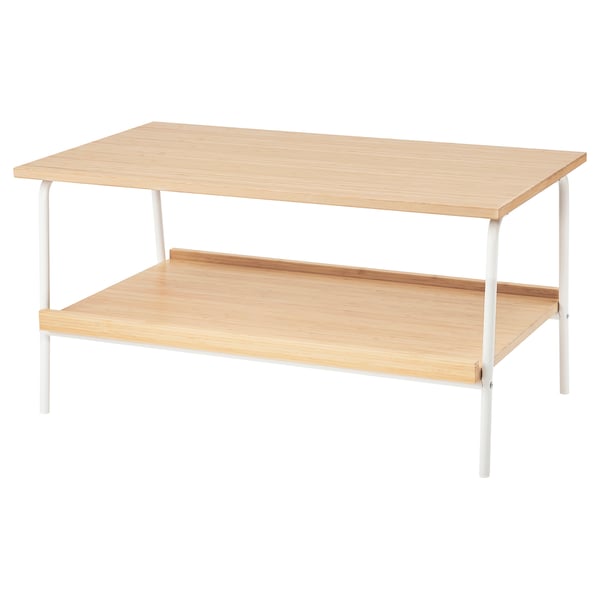 SVENARUM bamboo coffee table, light wood, 2-tier, white metal legs, rectangular, modern.