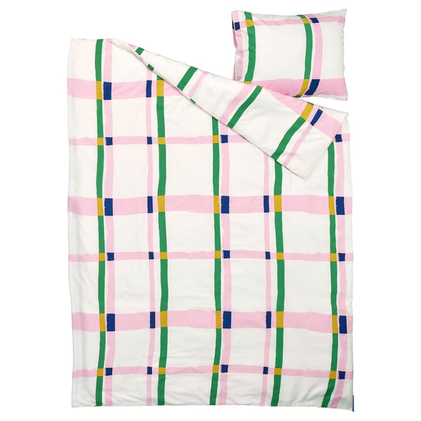 SYRABLADMAL duvet set, multicolor checkered, rectangular shape, soft recycled polyester-viscose blend.