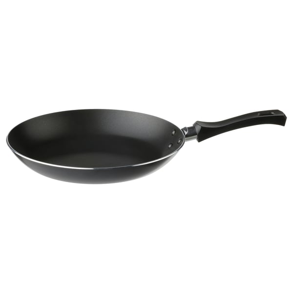 Black TAGGHAJ frying pan, round, non-stick, metallic handle, aluminum base.