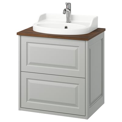 TÄNNFORSEN light grey bathroom cabinet with drawer, wooden top, and white sink.