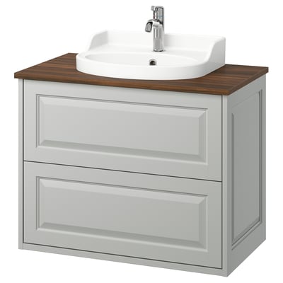 TÄNNFORSEN light grey bathroom vanity, wood top, white bowl sink, chrome tap.
