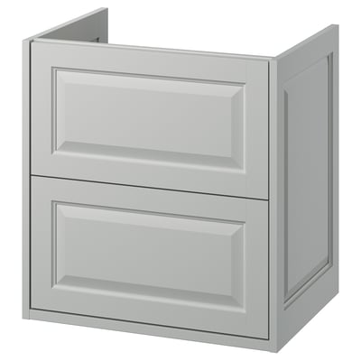TÄNNFORSEN light grey bathroom cabinet with beveled drawers.