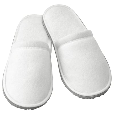 White TÅSJÖN slippers, soft fabric, grippy sole, comfy, indoor/outdoor.