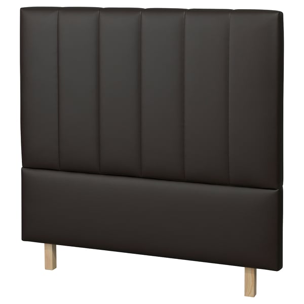 TJÅLLE black headboard, modern design with padded dark grey fabric, wooden legs, vertical stitching.