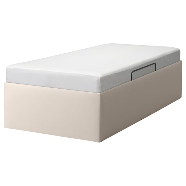 TJÅLLE bed in beige, rectangular, upholstered with recycled polyester, featuring storage space and a modern style.